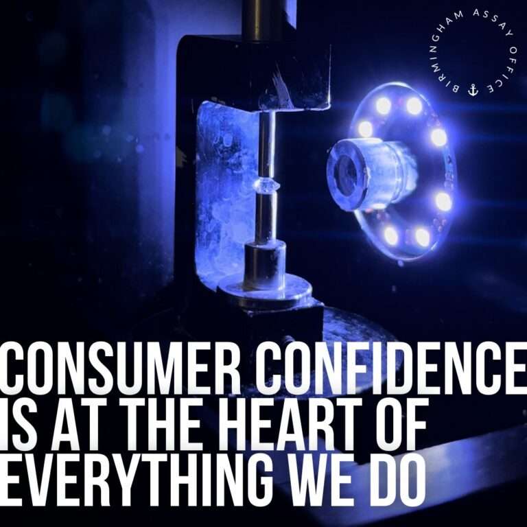 Diamond testing equipment with the text 'Consumer confidence is at the heart of everything we do' and the Birmingham Assay Office logo.