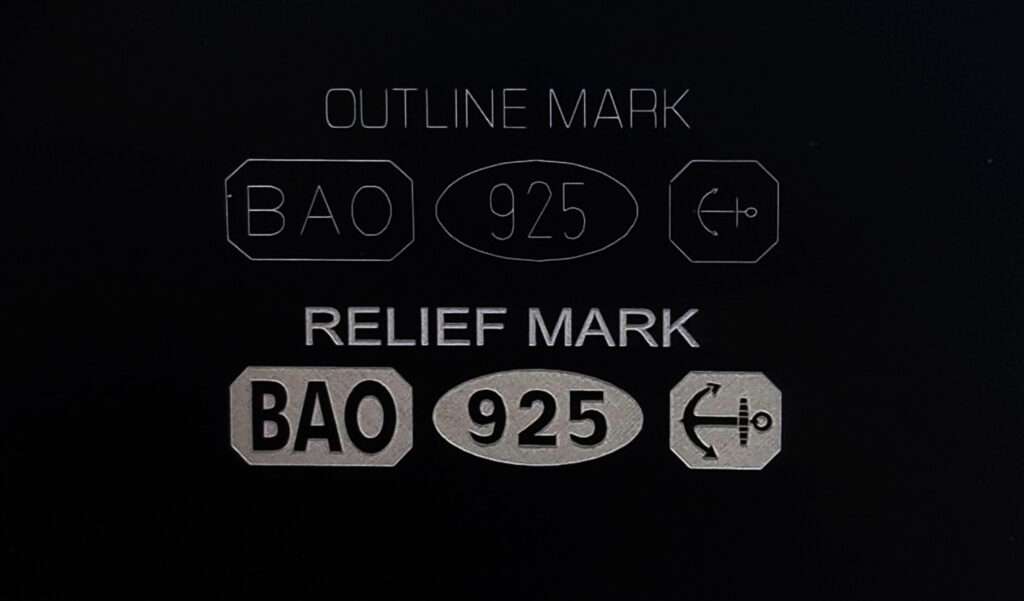 Image showing the difference between an outline laser hallmark and a relief laser hallmark